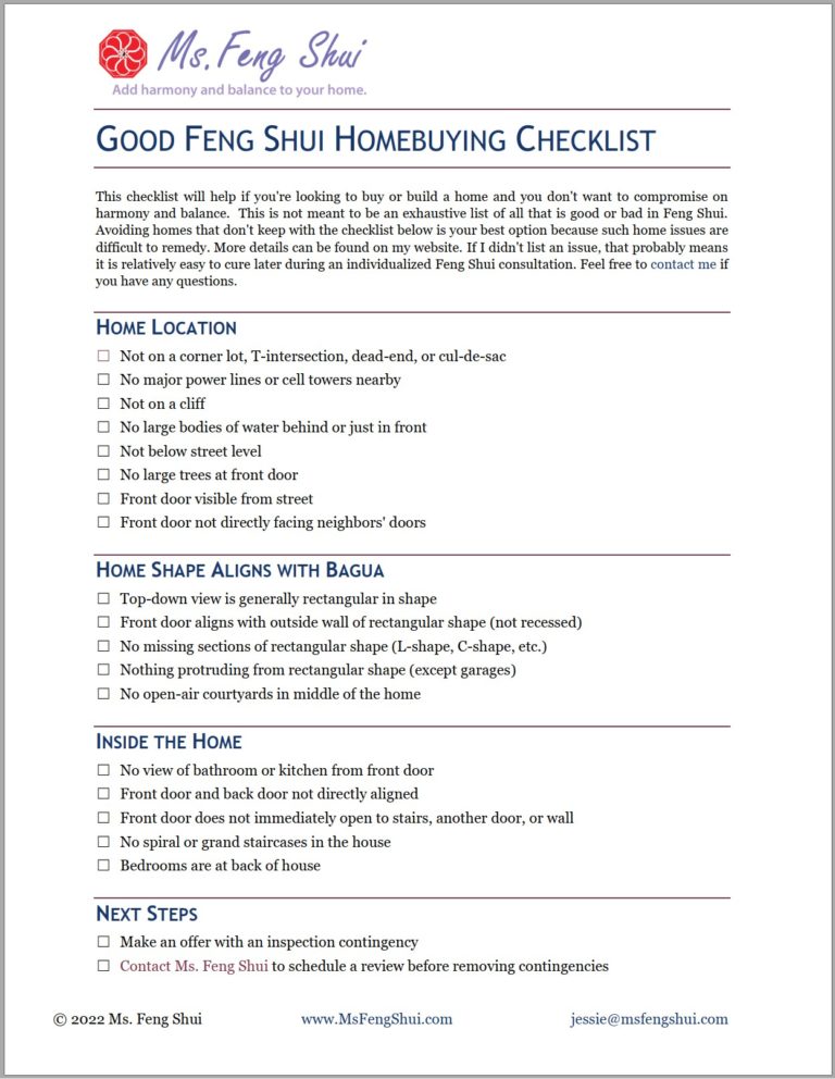 Home Buying Checklist for Good Feng Shui - Ms. Feng Shui | Attract Love ...