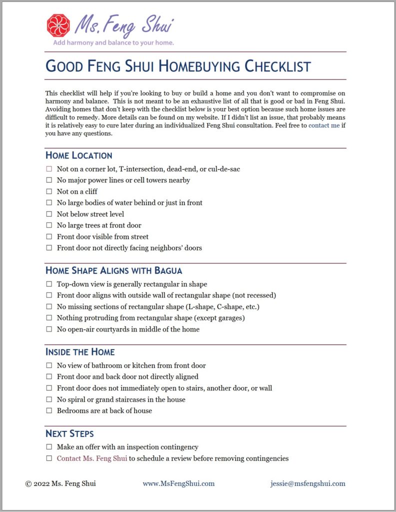 Home Buying Checklist for Good Feng Shui - Ms. Feng Shui | Attract Love ...